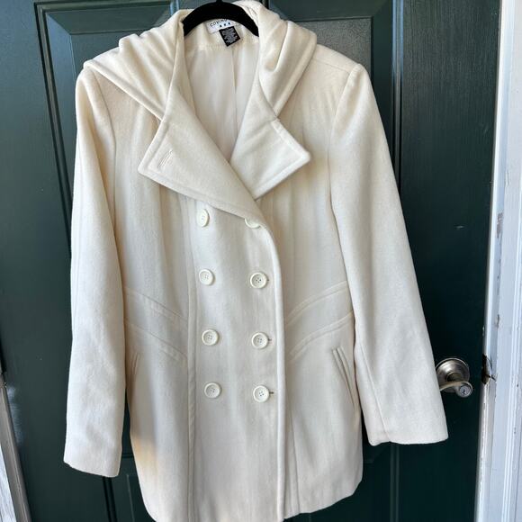 Covington Cream Wool Blend Hooded Peacoat L Winter White Classic Double Breasted - Picture 4 of 6